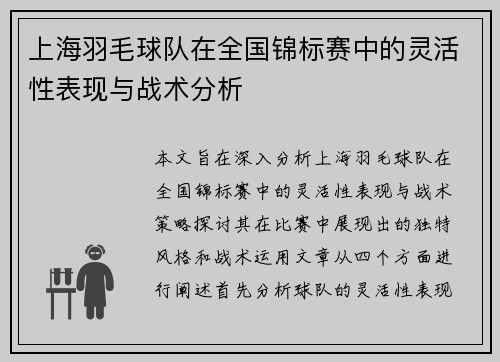上海羽毛球队在全国锦标赛中的灵活性表现与战术分析
