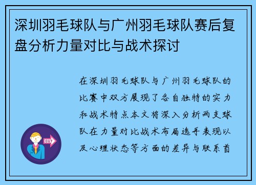 深圳羽毛球队与广州羽毛球队赛后复盘分析力量对比与战术探讨